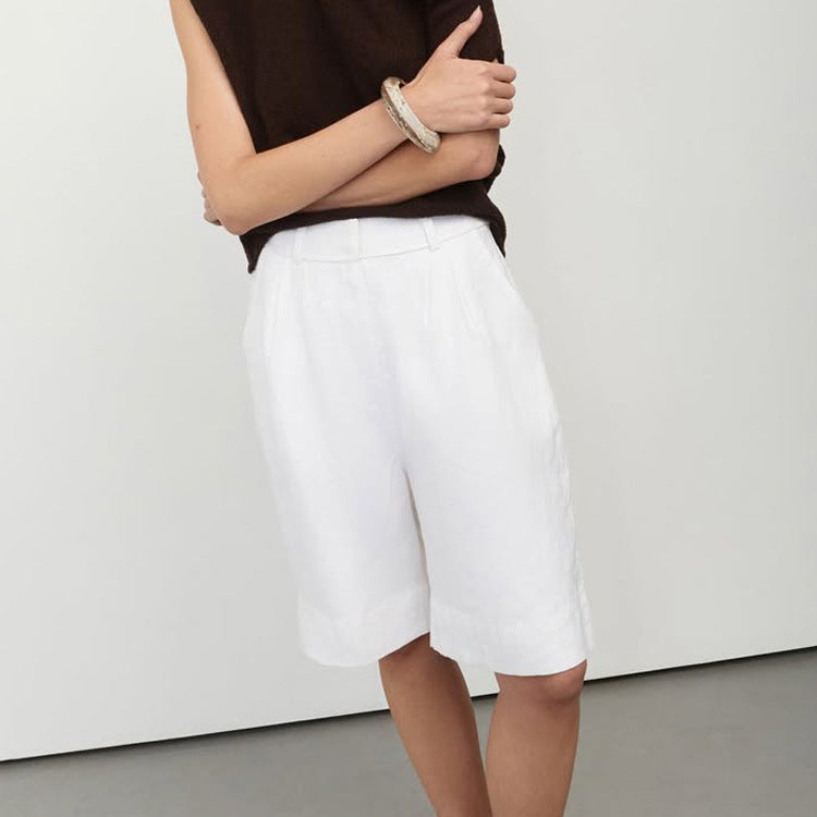 High Waist Loose White Wide-leg Half Pants