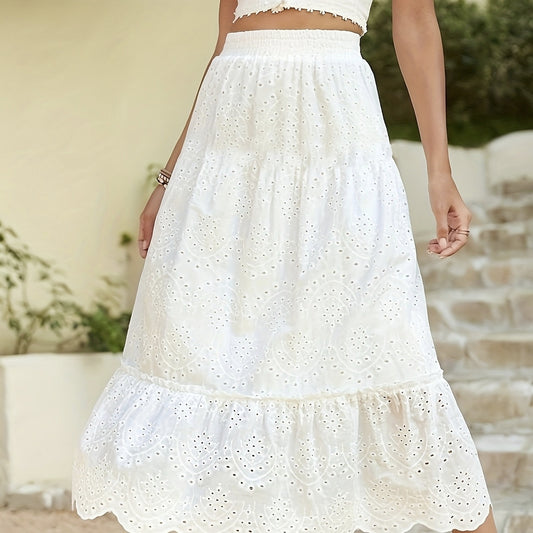 Ladies' Solid Color Hollow Flower Pattern Detail Long Style A Swing Skirt