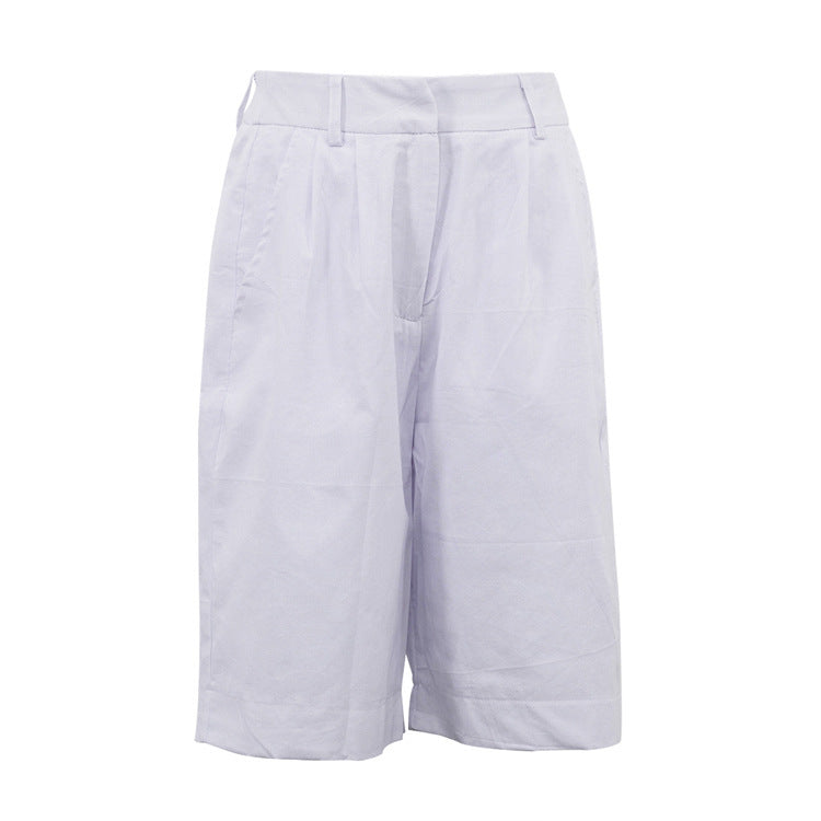 High Waist Loose White Wide-leg Half Pants