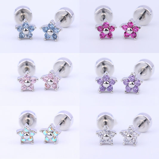 Titanium Steel Copper-plated Gold Micro Inlaid Zirconium Five-petal Plum Flower Ear Studs