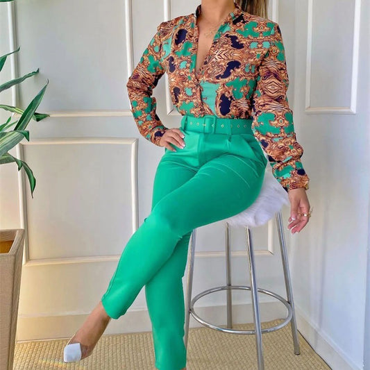 Printed Top Slim Trousers Suit