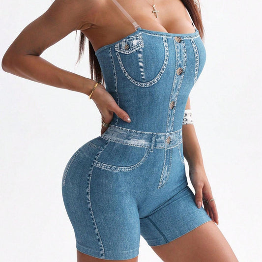 3D Denim Camisole Vest Shorts Jumpsuit