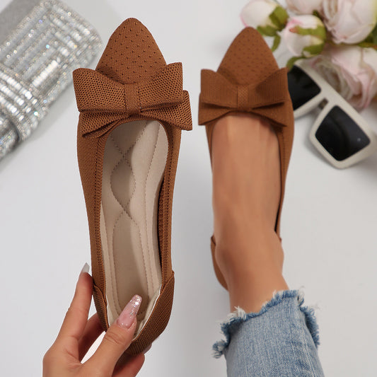 Pointed Knitted Bow Shallow Mouth Pumps Women's Western Style With Skirt Flat