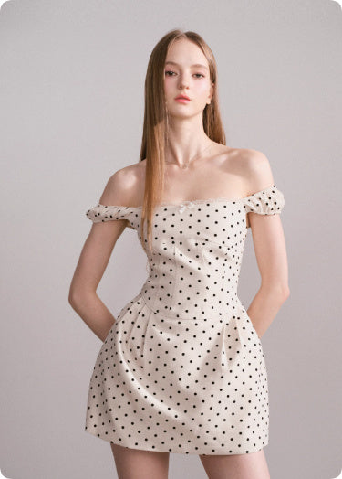 Slim Fit Wave Point Cinched Waist Square Collar One Shoulder Dress For Women In Summer