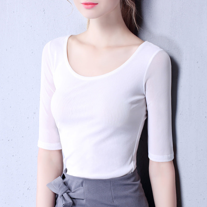 Women's Elegant Scoop Mesh T-shirt Solid Color Waist Stretch Top