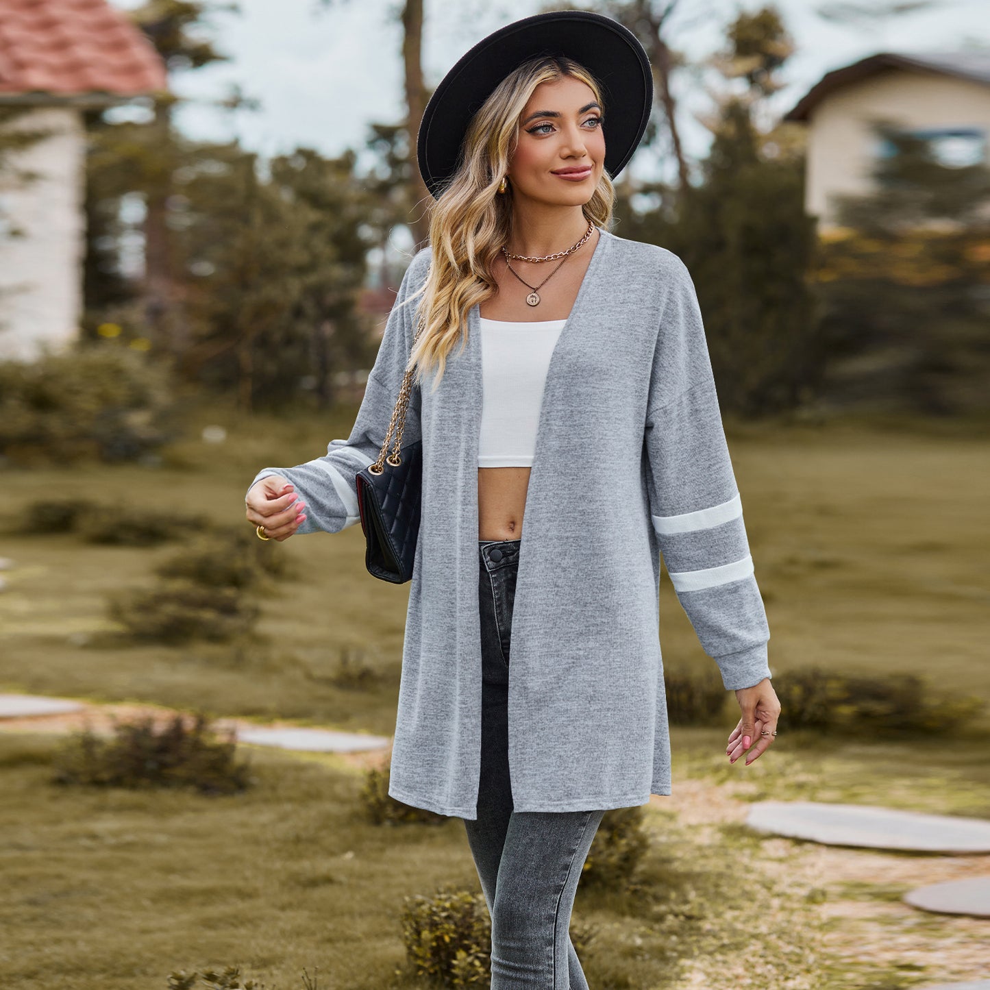 Fast Fashion Waterfall Collar Color Contrast Splicing Pattern Regular Sleeve Coats