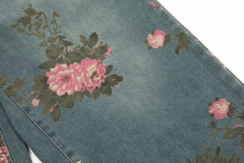 Men's Full Printed Rose Denim Trousers