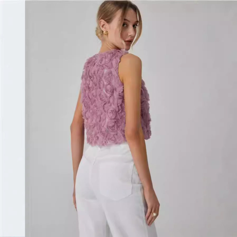Women's Three-dimensional Rose Sleeveless Vest Short Loose Top