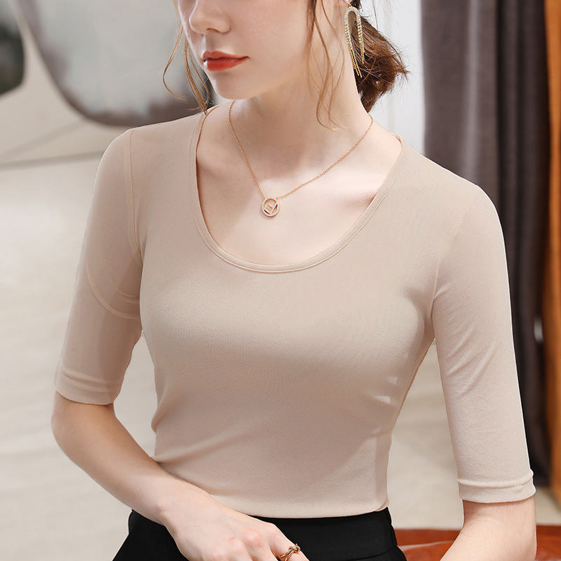 Women's Elegant Scoop Mesh T-shirt Solid Color Waist Stretch Top