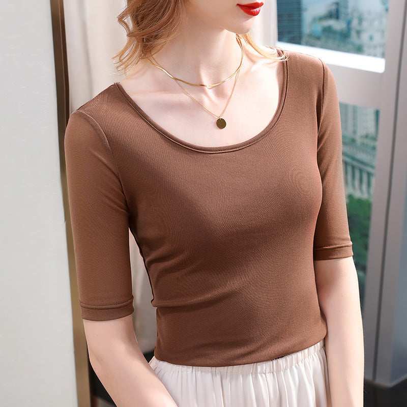 Women's Elegant Scoop Mesh T-shirt Solid Color Waist Stretch Top