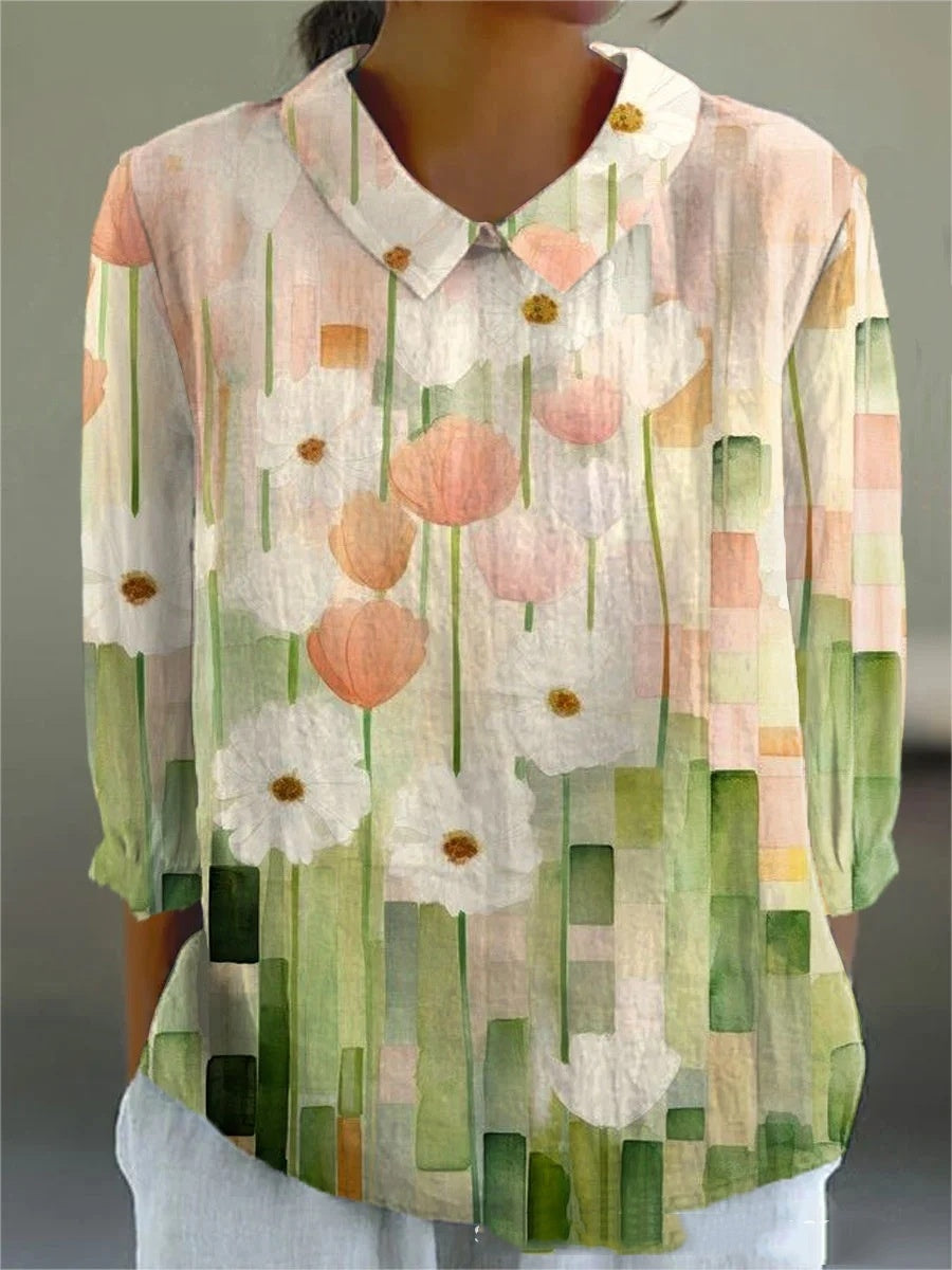 Summer Lapels Women's Long Sleeve Creative Retro Floral Japanese Simple