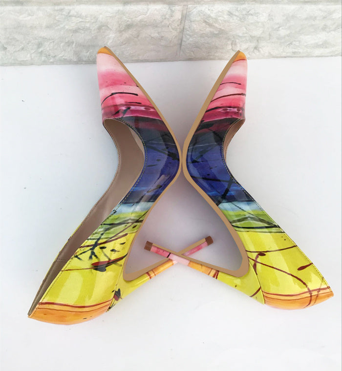 European And American Yellow High Heels Women's Pointed Toe Stiletto Heels Colorblock Low-cut Pumps Tide