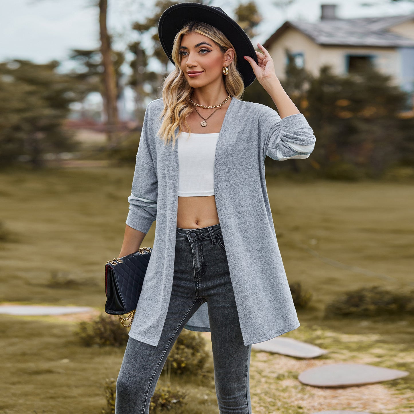 Fast Fashion Waterfall Collar Color Contrast Splicing Pattern Regular Sleeve Coats