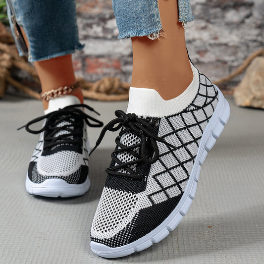Round Toe Large Size Flyknit Lace Color Block Comfortable Sports Casual Shoes