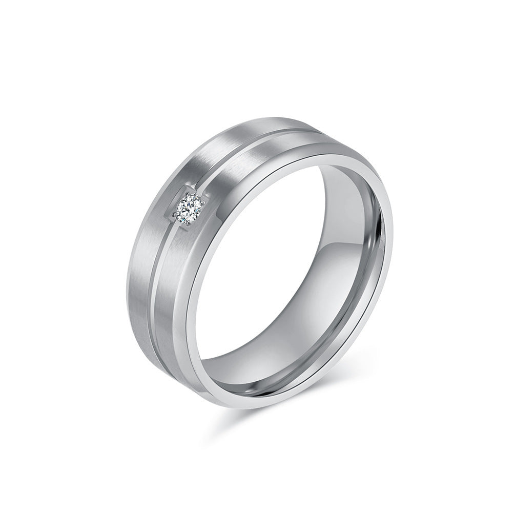 Simple Style Titanium Steel Carved Inlaid Zircon Single Diamond Men's Ring